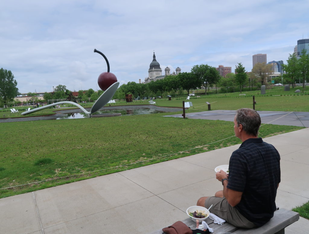 I left off in my last post that we were in Wisconsin.  We did drive up to Minneapolis to see the sights.  We stopped for a picnic lunch in a sculpture park to enjoy the safety of being outside.